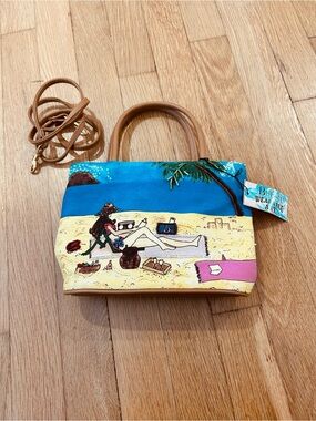 Beach Illustration Mini Crossbody Bag in Blue and Tan